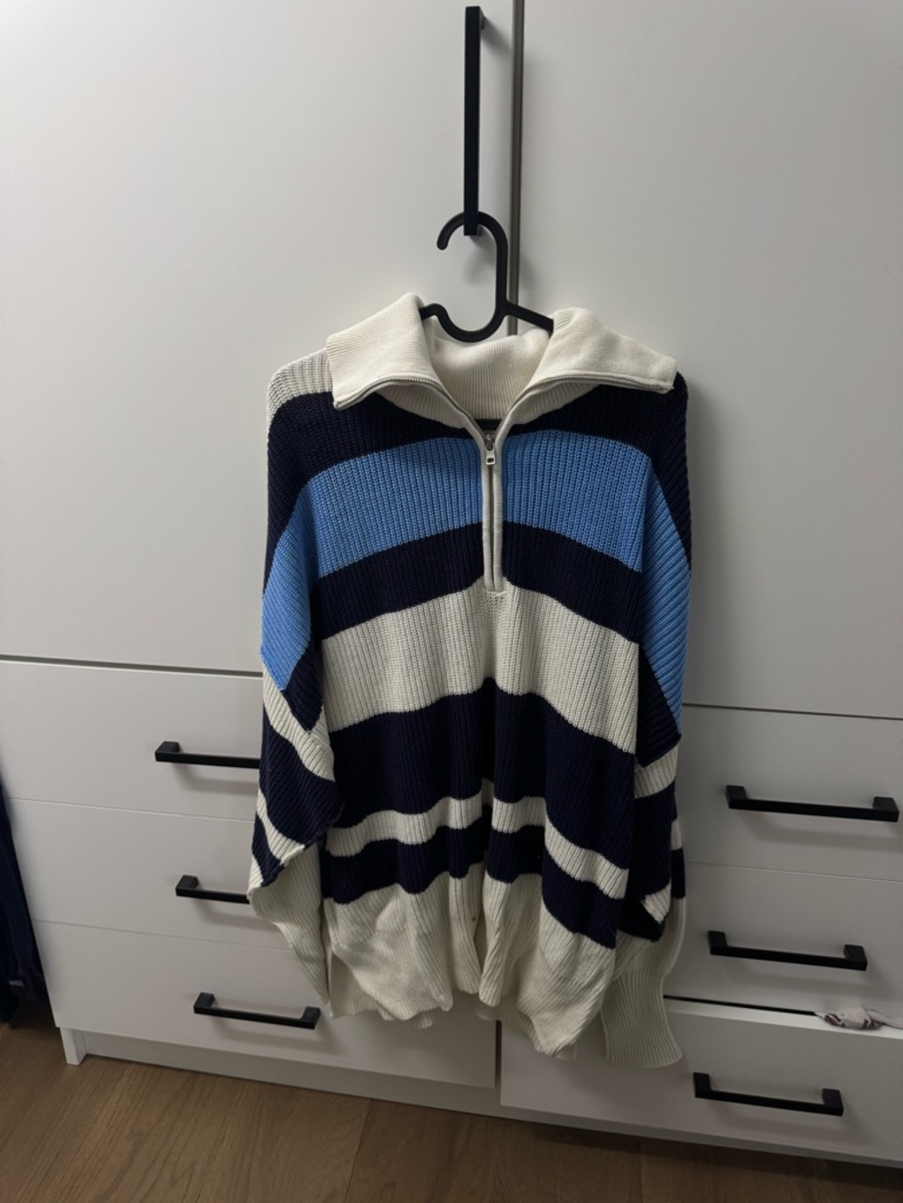 Striped Aerie Half-Zip Knit Sweater - Blue, Navy & Cream